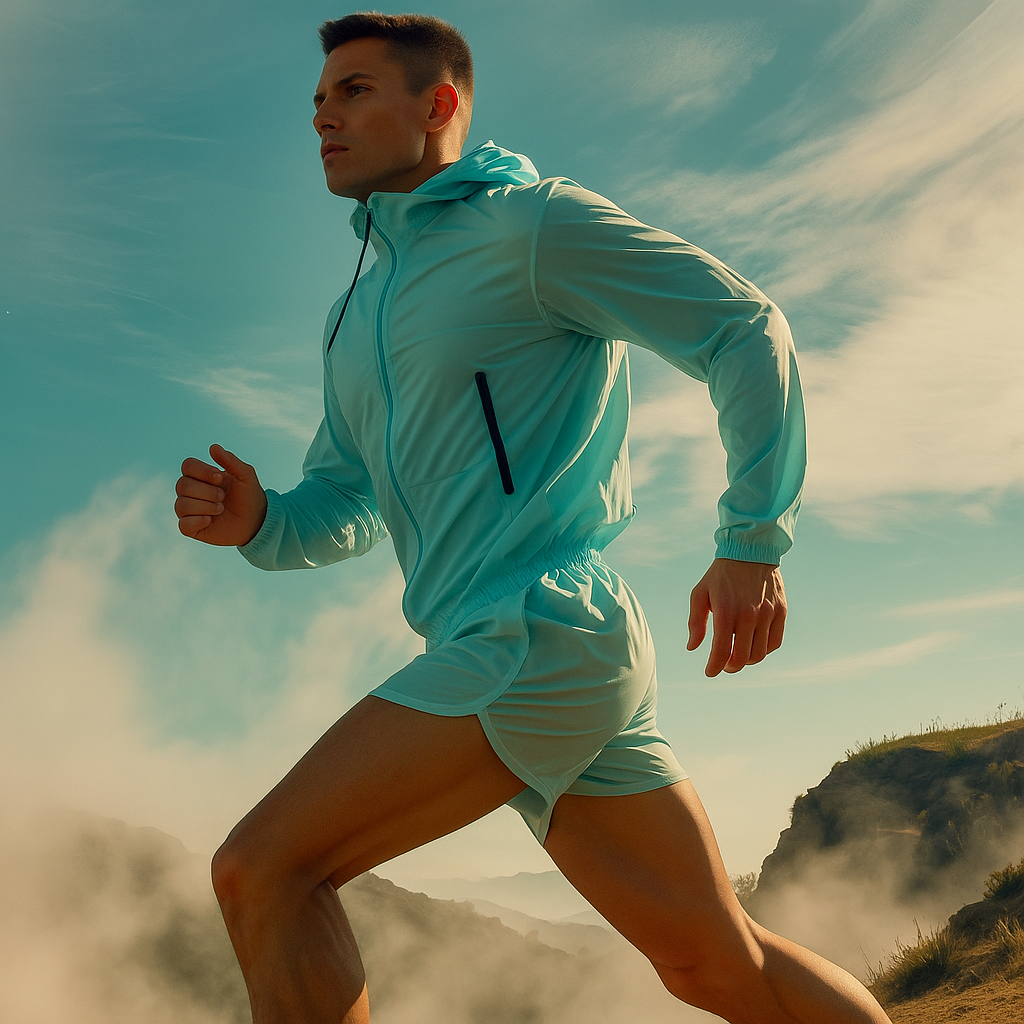 Man running outdoors with a scenic background